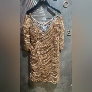 NWOT Terani Couture bronze Ruched Lace Long Sleeve event Dress size 14